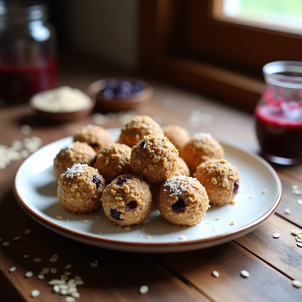 Bolitas redondas de avena y semillas de lino cubiertas de coco rallado, con trocitos de frutos del bosque visibles, dispuestas en un plato blanco sobre fondo rústico. Snack energético vegano casero.