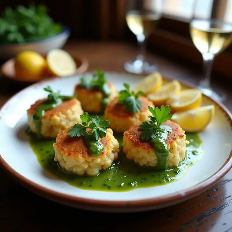 Plato blanco con bolitas de bacalao doradas bañadas en salsa verde brillante, decoradas con perejil fresco picado y rodajas de limón, típico aperitivo vasco casero.