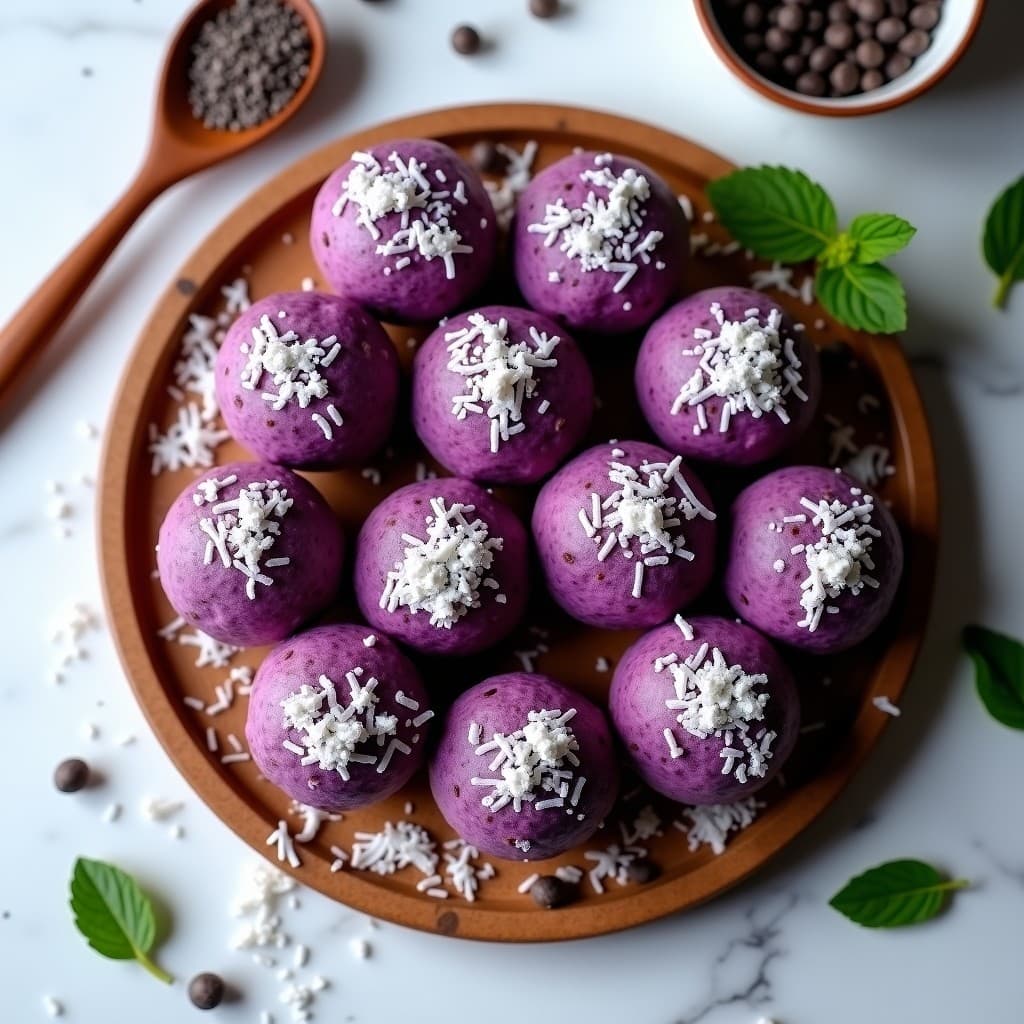Bolitas redondas y moradas de batata y chía, cubiertas de coco rallado, dispuestas en una bandeja de madera con semillas de chía esparcidas alrededor. Snack vegano sin horno alto en fibra.