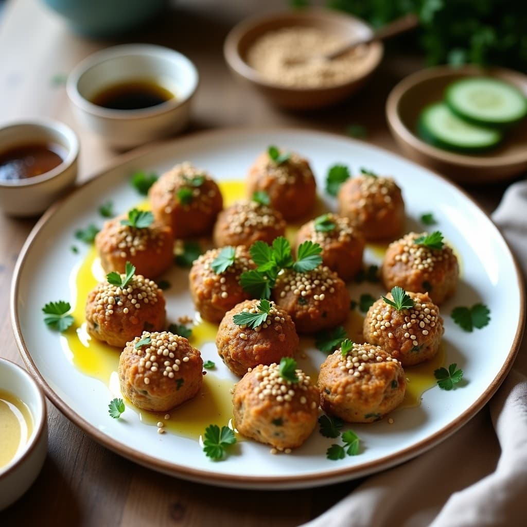 Bolitas doradas de berenjena ahumada y tahini cubiertas de semillas de sésamo, servidas en bandeja de madera con hojas de perejil fresco y un cuenco de salsa de yogur vegano al fondo. Aperitivo árabe vegano sin cocción.