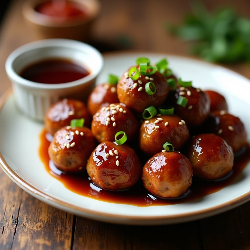 Bolitas doradas y crujientes de carne de res y hongos shiitake glaseadas con salsa teriyaki brillante, espolvoreadas con semillas de sésamo negro, servidas en un plato de cerámica oscura con palillos. Receta japonesa en airfryer.