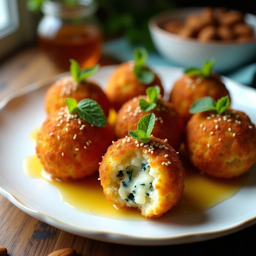 Bolitas doradas y crujientes de coliflower y queso azul servidas en plato blanco con miel de tomillo y hojas de menta, aperitivo griego en airfryer.
