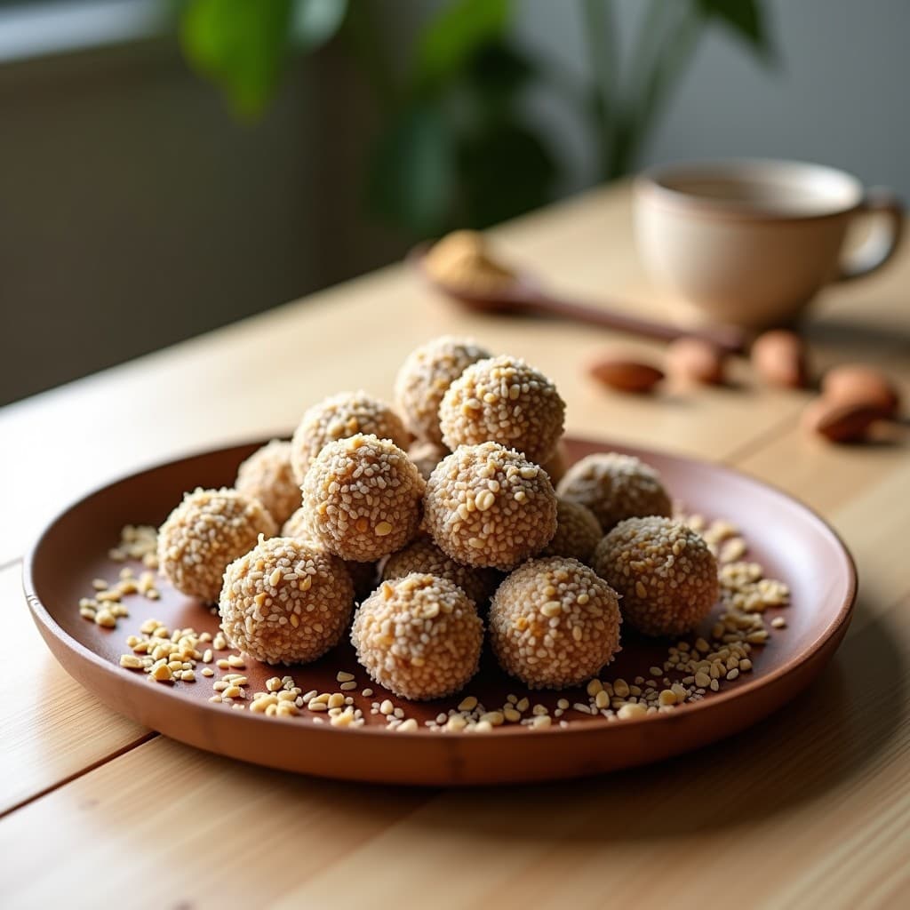 Bolitas de chía y polvo de baobab sobre un plato de madera rústico, rebozadas en coco rallado, con semillas de chía y polvo de baobab esparcidos alrededor. Snack africano crudo y alto en omega-3.