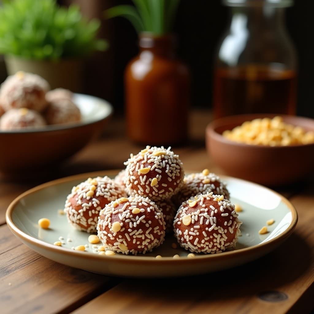 Bolitas doradas de coco rallado rellenas de crema de cacahuete, con trocitos de cacahuete visibles, sobre un plato blanco con fondo de madera rústica. Receta de snack energético sin azúcar.