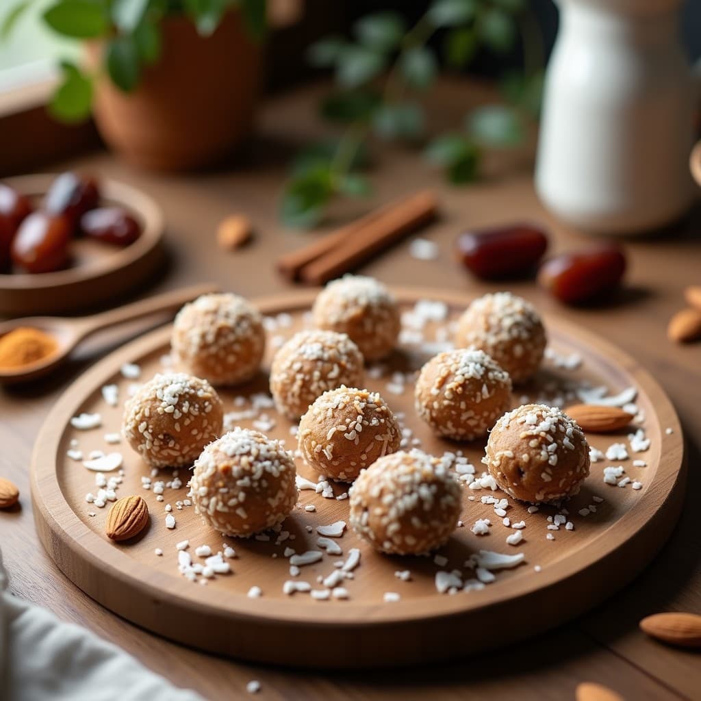 Bolitas de dátiles y almendras sin horno, receta energética para niños, cubiertas de coco rallado y almendras picadas, sobre un plato blanco con fondo rústico.