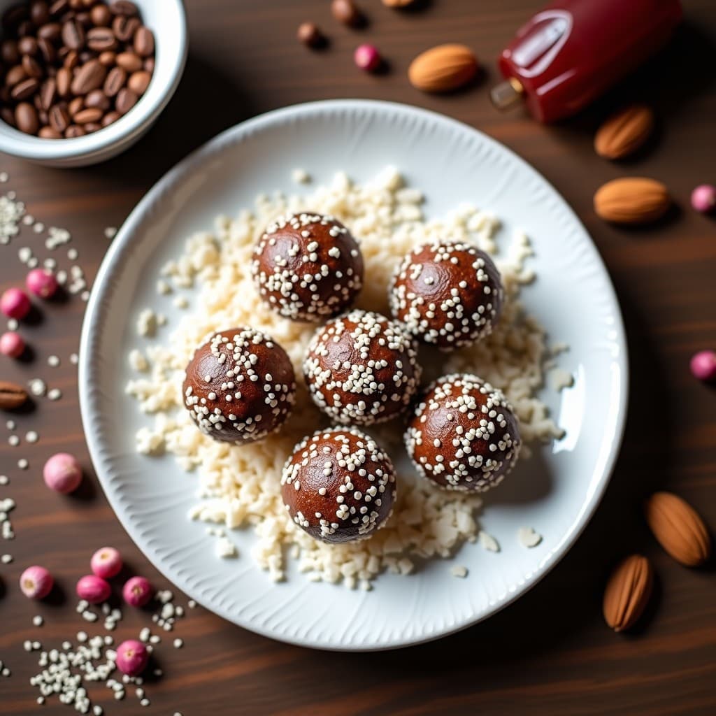Bolitas de dátiles, café y pimienta rosa sobre un plato de cerámica blanca, con coco rallado por encima y un fondo rústico de madera. Snack energético vegano listo para servir.