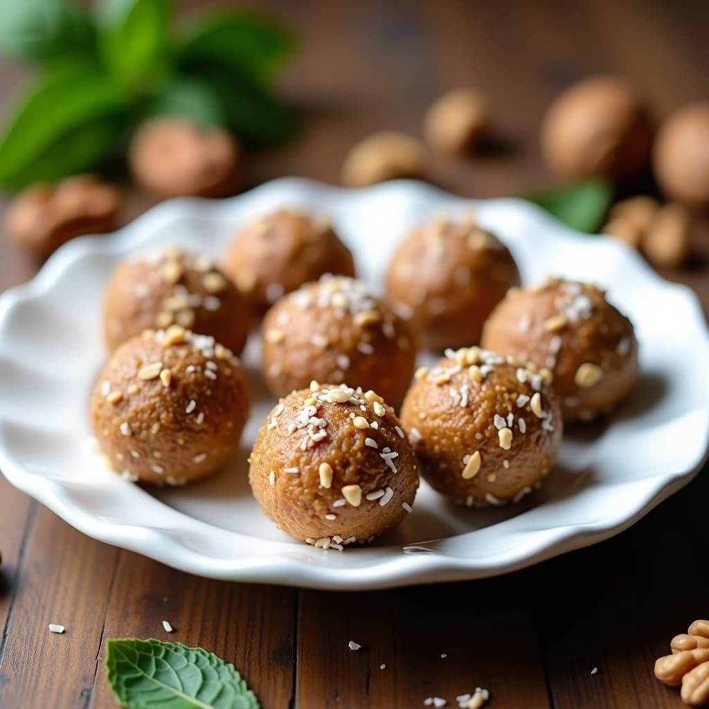 Bolitas energéticas de dátiles y nueces con cardamomo, cubiertas de coco rallado y semillas de sésamo, servidas en un plato de madera rústico con hojas de menta como decoración.