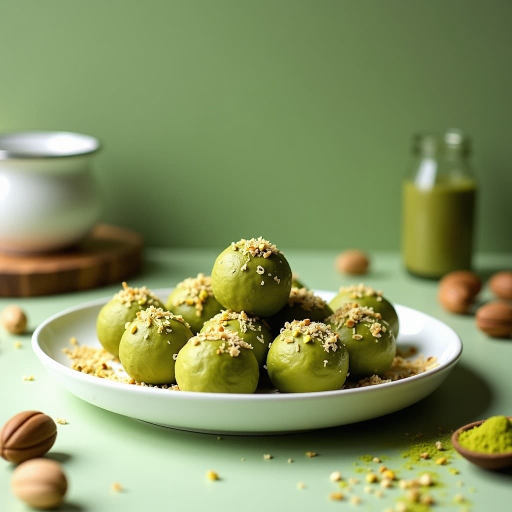 Bolitas energéticas de dátiles y pistacho con matcha dispuestas en un plato blanco, cubiertas de coco rallado y pistachos triturados, con un fondo verde claro que resalta su color natural.