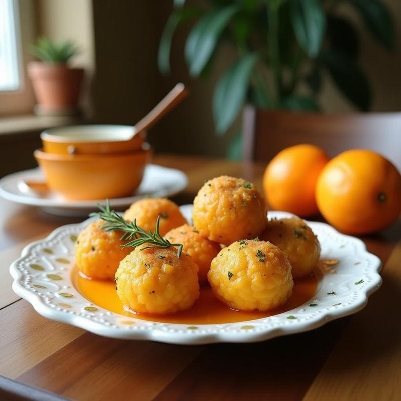 Bolitas de dátiles y pistacho con esencia de naranja, postre vegano sin horno y rico en hierro, servidas en un plato blanco con ralladura de naranja y coco rallado como decoración.