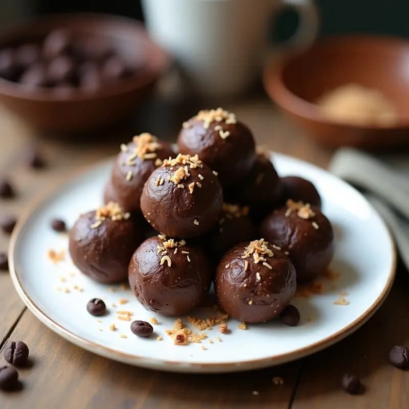 Bolitas redondas de color marrón oscuro con trozos visibles de cacao nibs y semillas de loto, cubiertas de coco rallado, dispuestas en un plato blanco sobre fondo rústico. Snack chino sin azúcar.