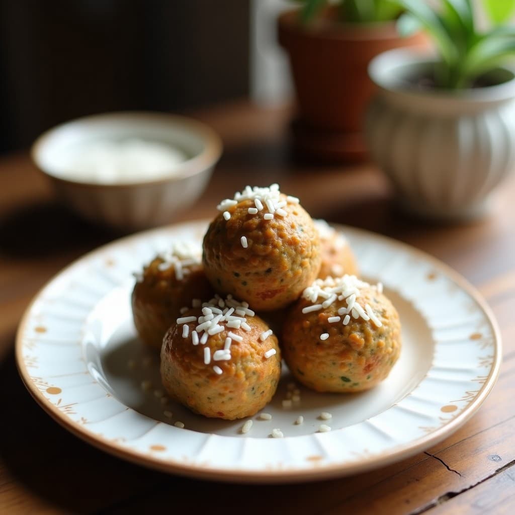 Bolitas energéticas de semillas de cáñamo y coco rallado, snack proteico sin horno, servidas en un plato de madera rústico con hojas de menta y semillas de cáñamo esparcidas alrededor.