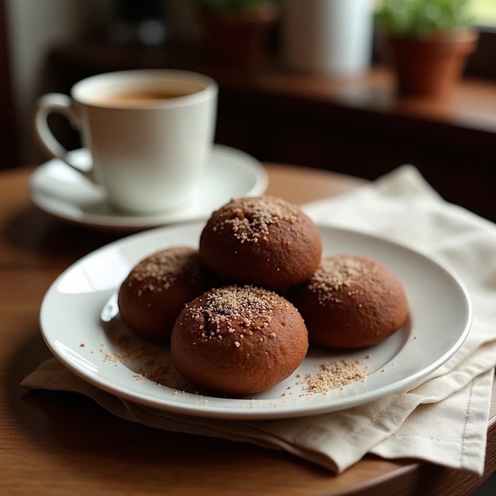 Bolitas de energy de cacao, avena y café keto dispuestas en un plato blanco con coco rallado, fondo de madera rústica y taza de café al lado.