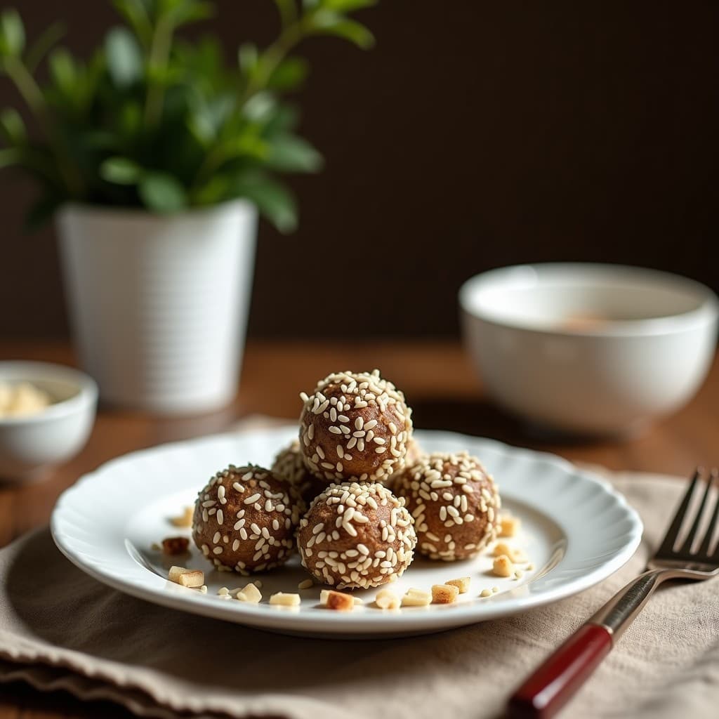Bolitas de energy de coco y almendra con matcha dispuestas en un tupper transparente sobre fondo blanco, con coco rallado espolvoreado y hojas de menta como decoración, snack vegano sin horno.