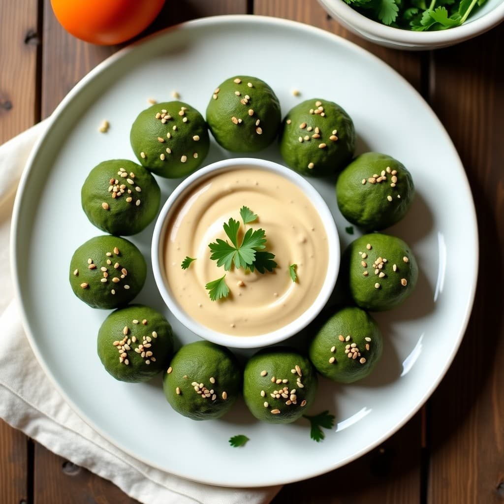 Plato blanco con bolitas de garbanzo y espirulina de color verde intenso, decoradas con semillas de sésamo, acompañadas de un dip cremoso de tahini en un cuenco pequeño. Snack vegano alto en hierro con textura crujiente y colores vibrantes.