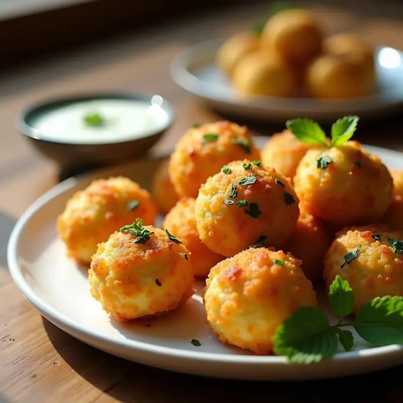 Bolitas doradas y crujientes de queso halloumi rebozadas en harina de almendra y hierbas frescas, servidas en un plato blanco con dip de yogur y hierbas al fondo. Aperitivo chipriota sin gluten.