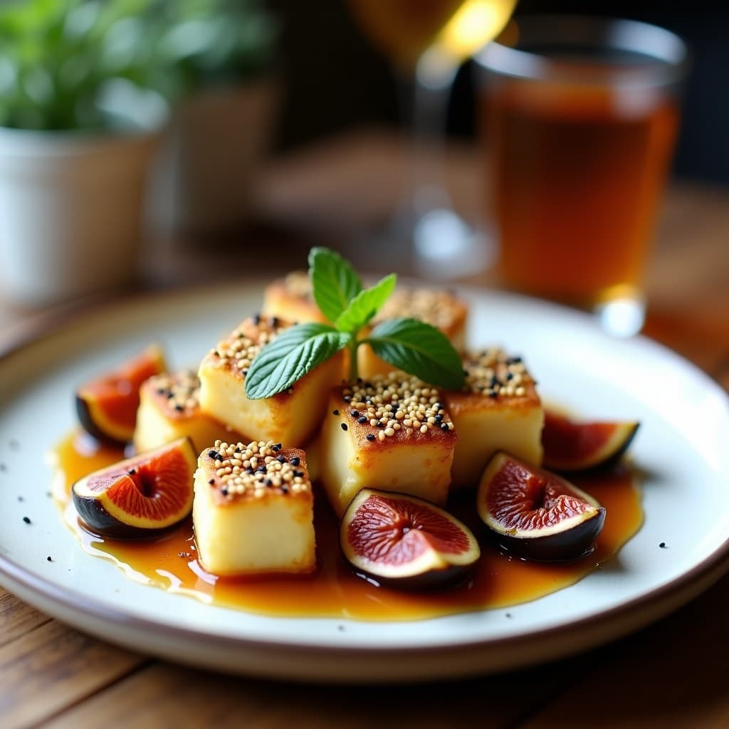 Bolitas doradas de queso halloumi con semillas de sésamo negro, acompañadas de cuartos de higos caramelizados y decoradas con hojas de menta fresca, servidas en un plato blanco rústico con un hilo de miel de tomillo y pimentón ahumado. Receta de **bolitas de queso halloumi y higos al horno en airfryer**.