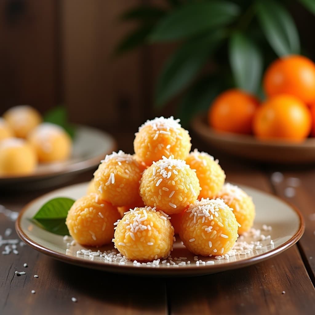 Bolitas doradas y crujientes de mandarina y coco rallado, postre chino vegano y sin gluten, servidas en un plato blanco con rodajas de mandarina fresca y hojas de menta como decoración.