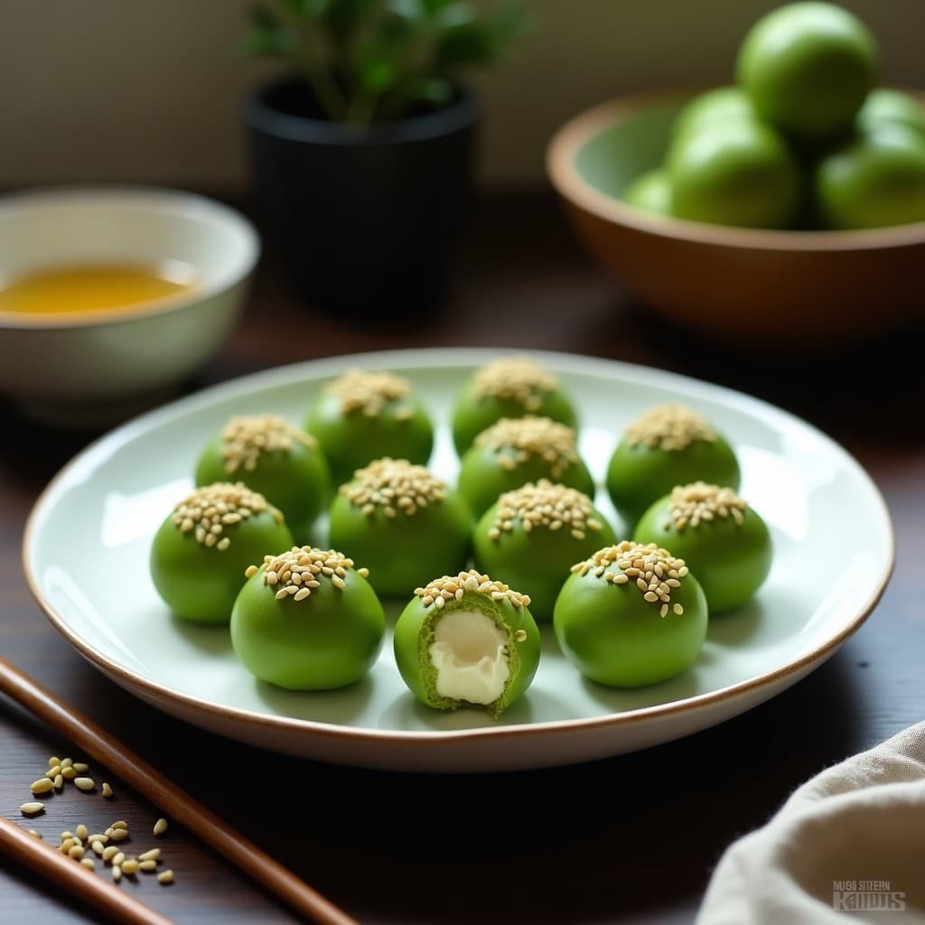 Bolitas de matcha y queso cremoso servidas en plato blanco de cerámica, con cobertora verde esmeralda de semillas de sésamo y matcha. Aperitivo japonés sin horno, elegante y vibrante.