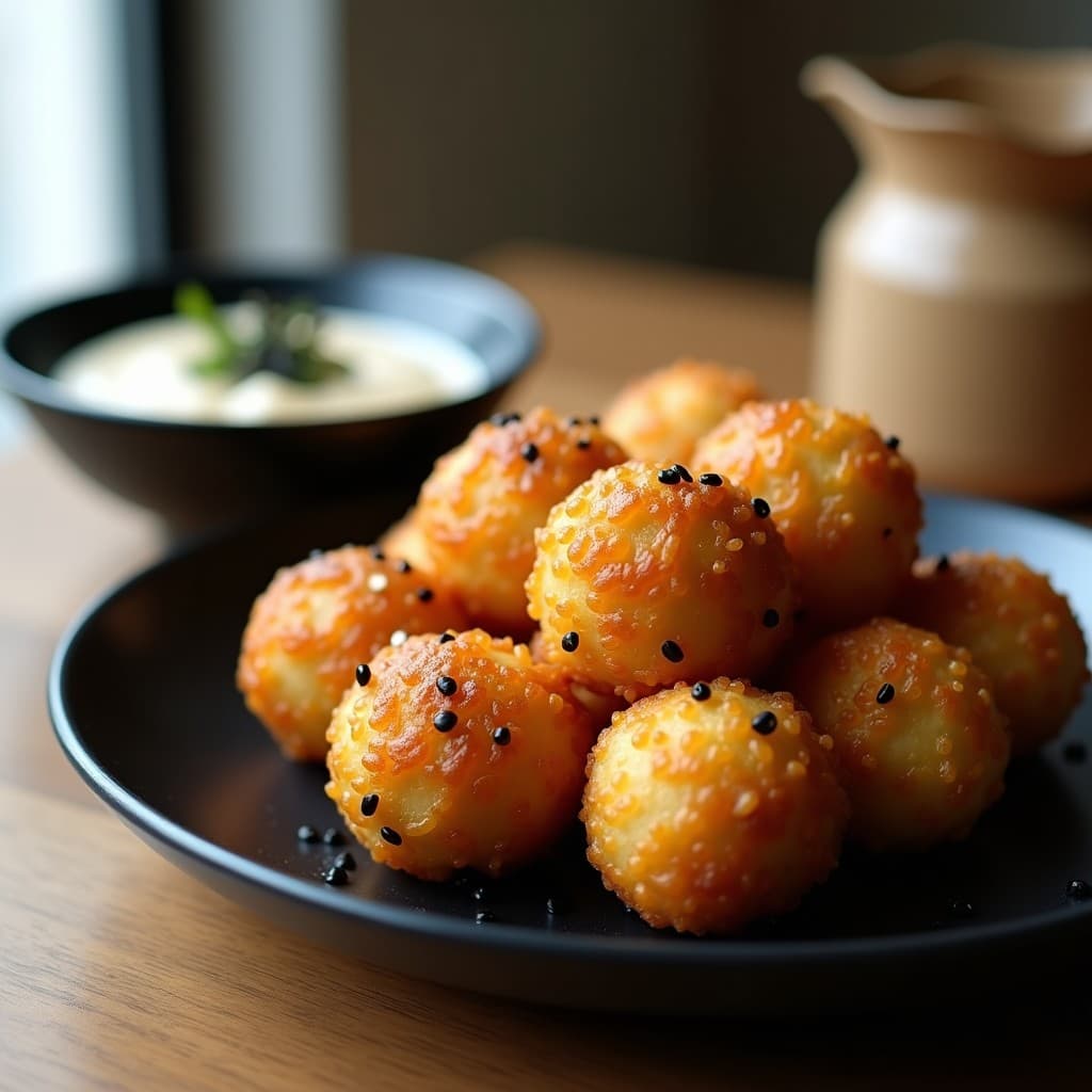 Bolitas doradas y crujientes de mijo y algas nori servidas en un plato de cerámica negra, con semillas de sésamo negro visibles en la superficie. Acompañadas de una salsa cremosa en un cuenco pequeño y decoradas con tiras de alga nori. Foto en primer plano con fondo desenfocado, resaltando la textura crujiente del aperitivo japonés.