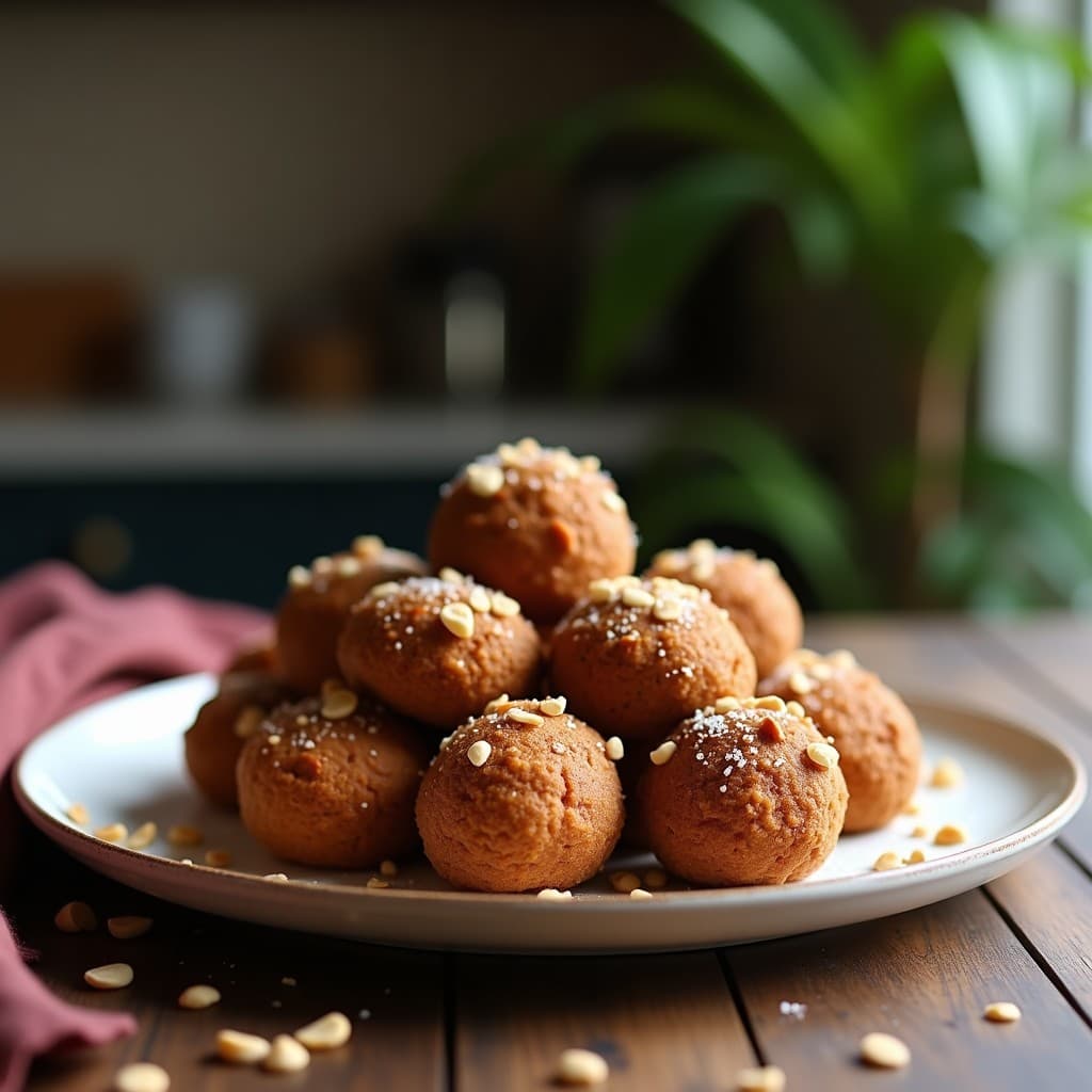 Bolitas de energía de cacao y algas nori dispuestas en un plato de cerámica blanca, con semillas de sésamo por encima y un fondo de papel de horno. Snack saludable con omega-3, vegano y sin azúcar.