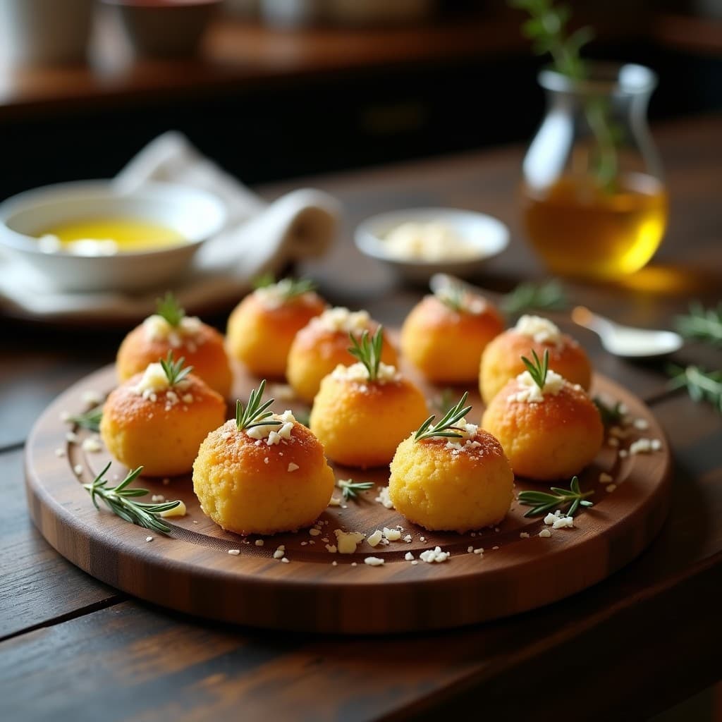 Bolitas de polenta y parmesano al horno doradas y crujientes, servidas en una bandeja de madera rústica con hierbas frescas y un bol de salsa de yogur al lado. Aperitivo italiano sin gluten.