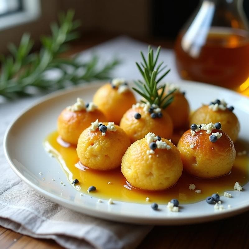 Fuente de cerámica blanca con bolitas de polenta doradas y crujientes, rellenas de queso azul, bañadas en miel de romero y decoradas con hojas de romero fresco sobre un mantel rústico de lino.