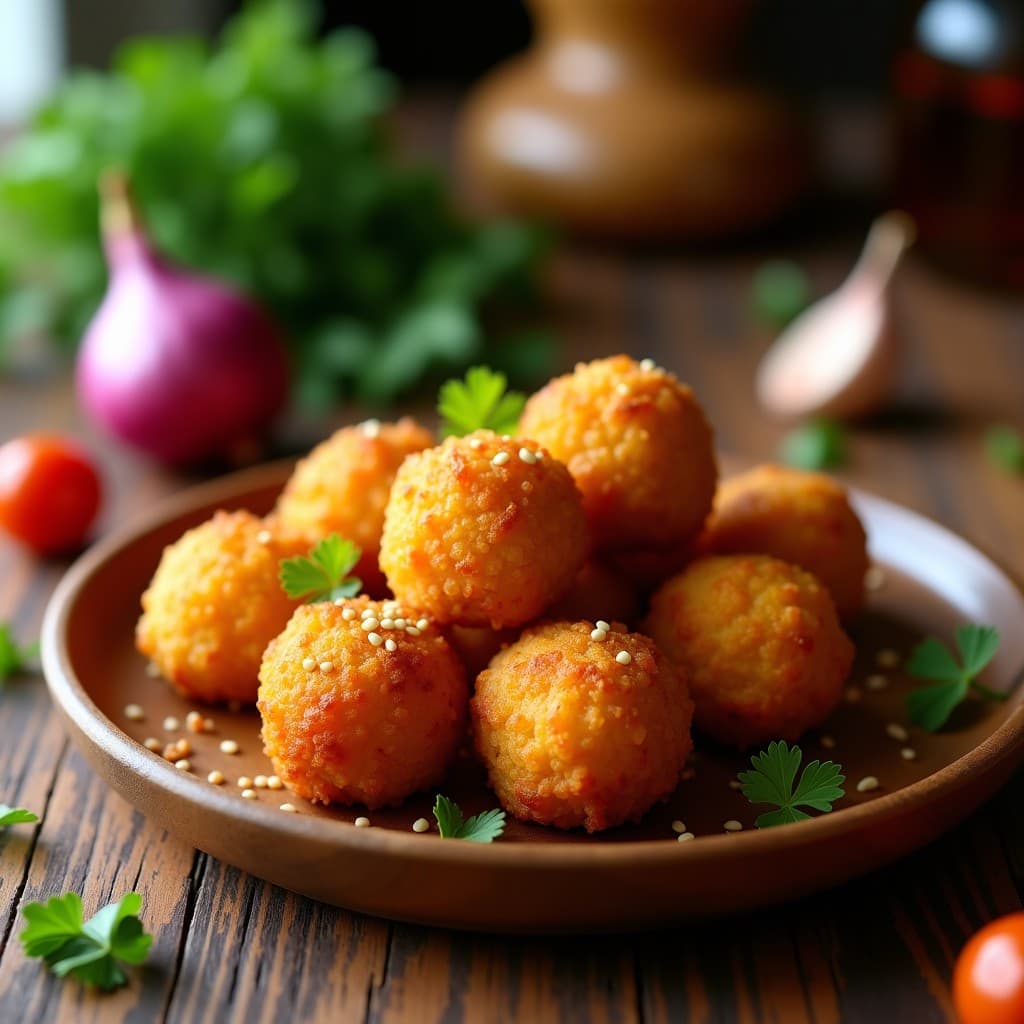 Bolitas doradas y crujientes de proteína de garbanzo y piparras servidas en un plato de madera rústico, con semillas de sésamo visibles y un fondo borroso de ingredientes como cebolla morada y perejil fresco.