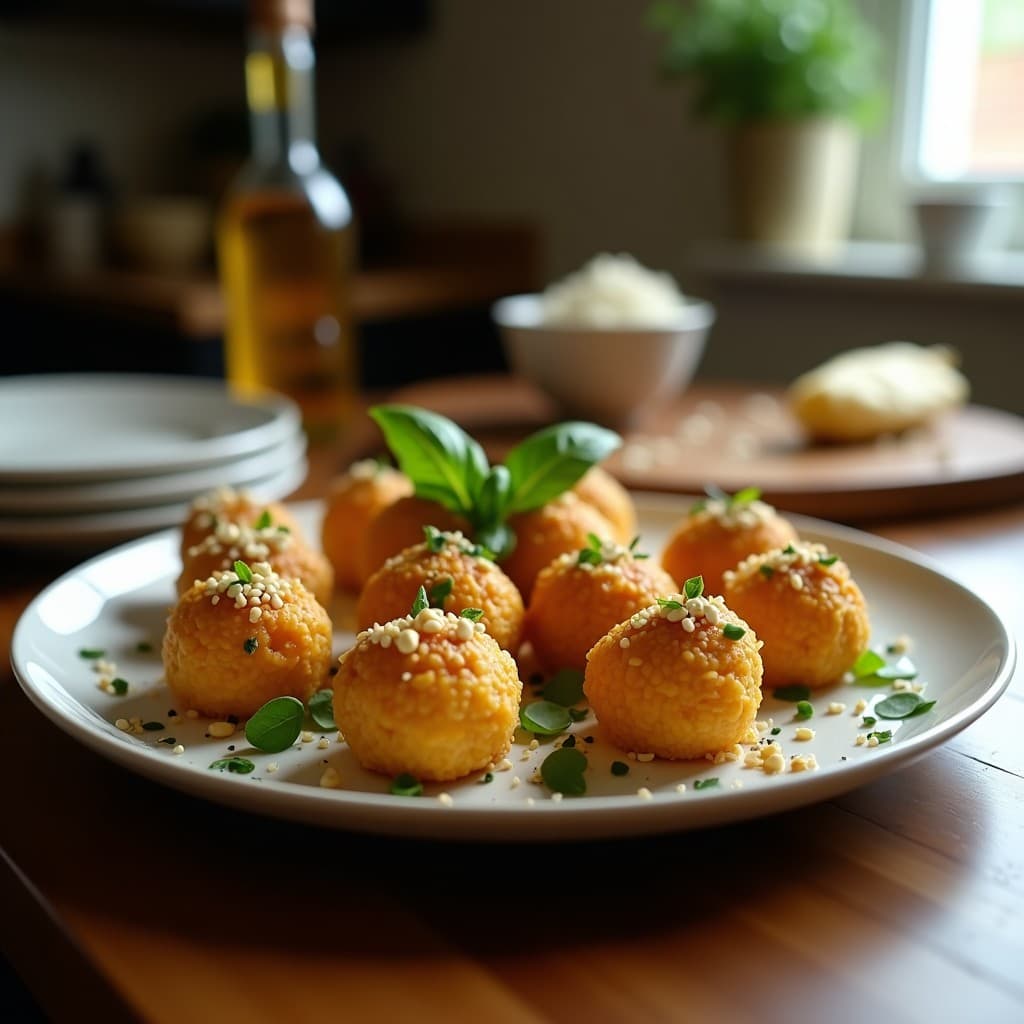 Bolitas de queso de anacardos y albahaca con revestimiento dorado de semillas de sésamo, dispuestas en un plato blanco rústico con hojas de albahaca fresca como decoración. Aperitivo italiano vegano crujiente y cremoso.