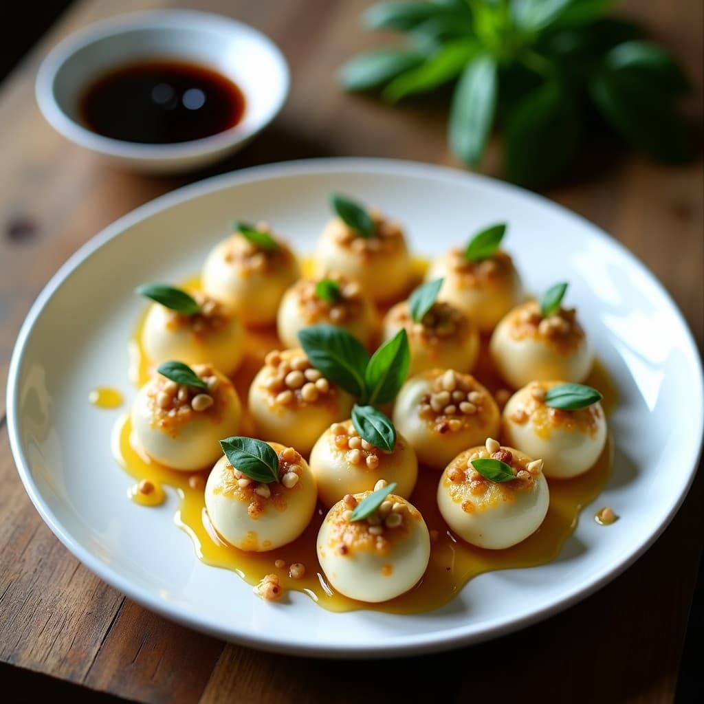 Fuente blanca con bolitas de queso de búfala y albahaca cubiertas de piñones tostados y miel, aperitivo italiano sin horno elegante y fresco.