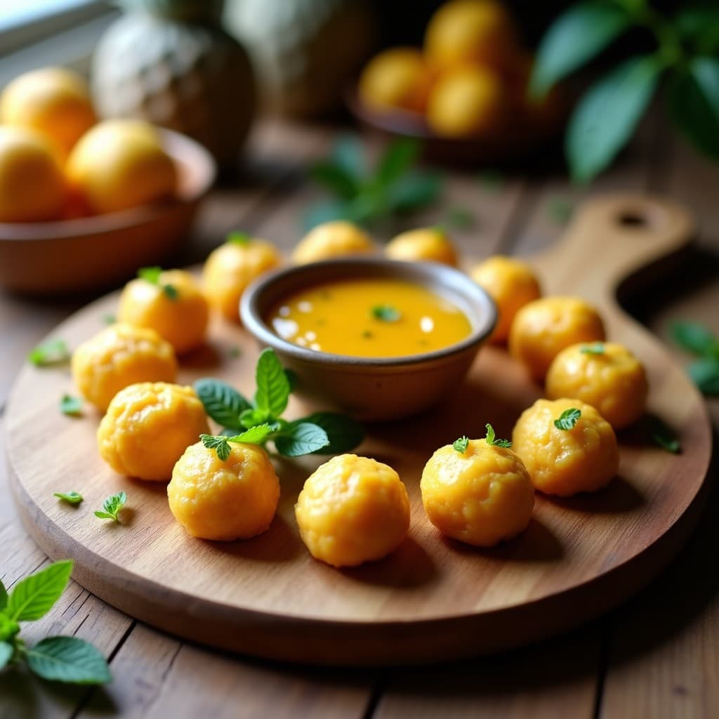 Bolitas doradas de queso vegano de cáscara de piña dispuestas en bandeja de madera, acompañadas de mermelada de maracuyá brillante y hojas de menta fresca. Aperitivo brasileño sin lácteos con contraste de texturas.
