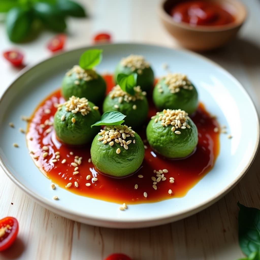 Plato blanco con bolitas verdes de queso fresco y espirulina, bañadas en salsa de tomate seco con semillas de sésamo, servidas con hojas de albahaca fresca. Entrante alto en proteína y colorido.
