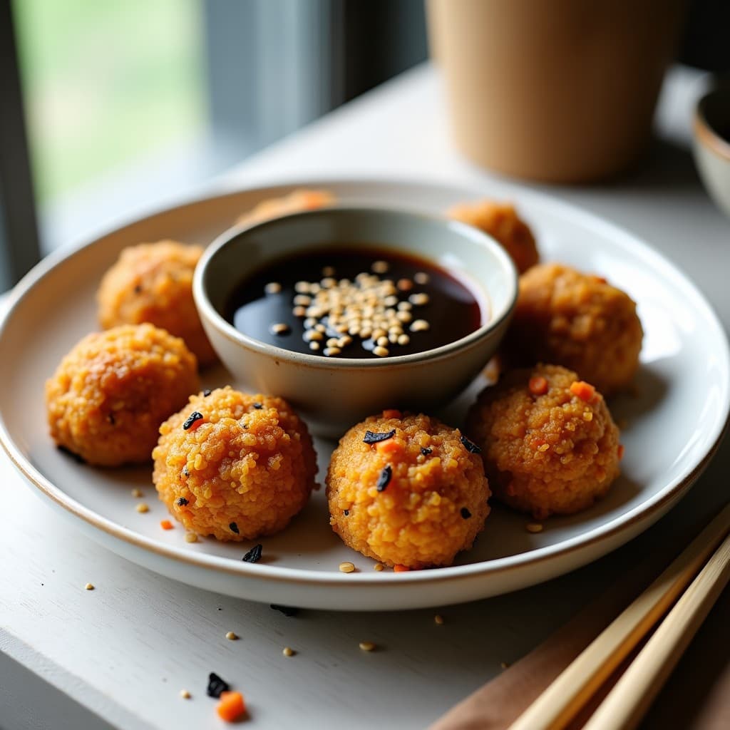 Bolitas doradas y crujientes de quinoa y algas nori servidas en plato blanco con salsa teriyaki espesa y semillas de sésamo, receta vegana en airfryer.