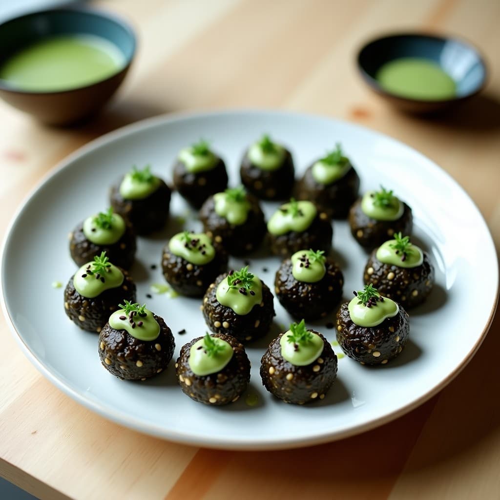 Plato blanco con bolitas de quinoa y algas nori bañadas en salsa wasabi, decoradas con semillas de sésamo negro y cebollino. Aperitivo japonés sin cocción, vegano y crujiente.
