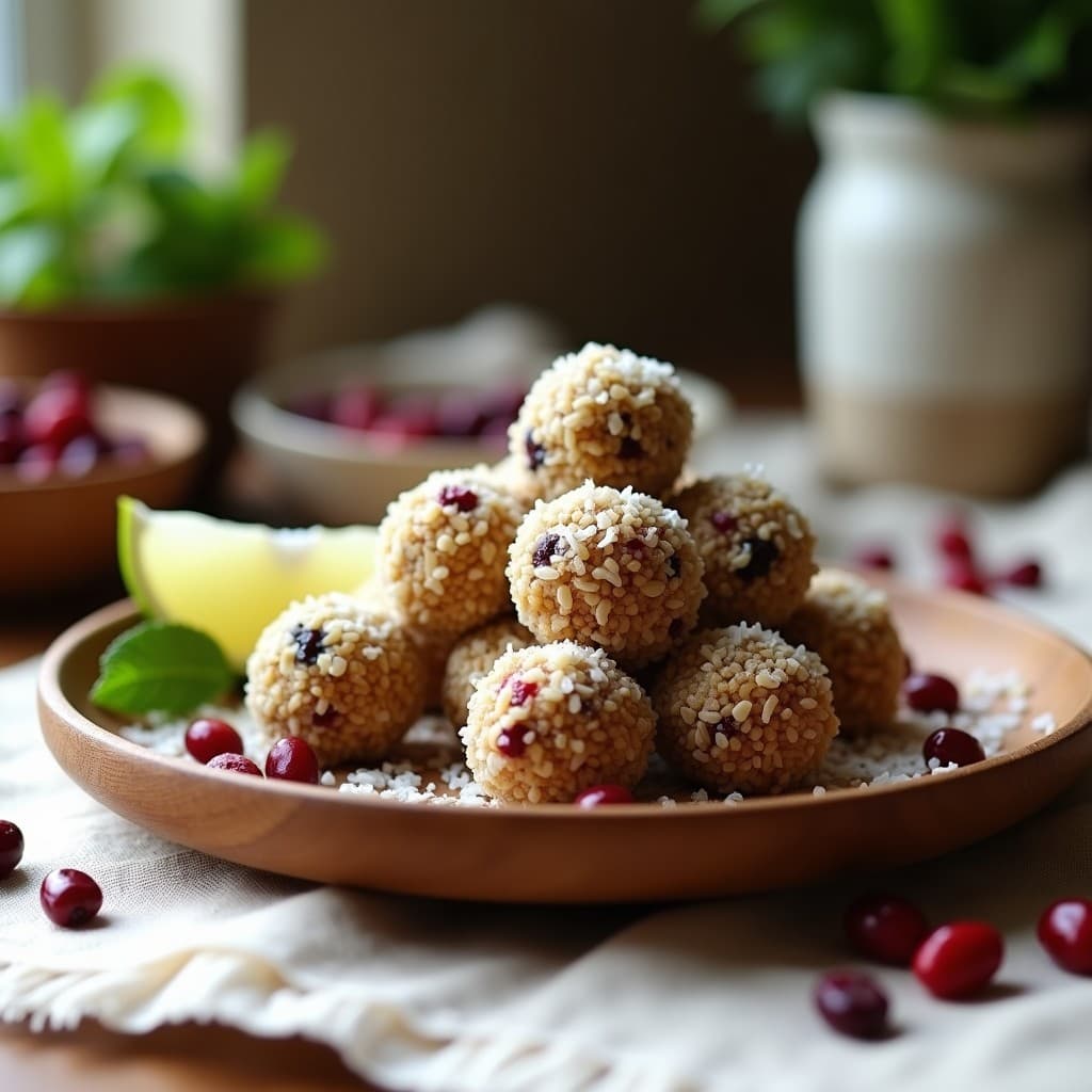 Bolitas de quinoa y arándanos deshidratados cubiertas de coco rallado, servidas en un plato blanco sobre un fondo rústico de madera. Desayuno peruano sin cocción, energético y alto en proteína.