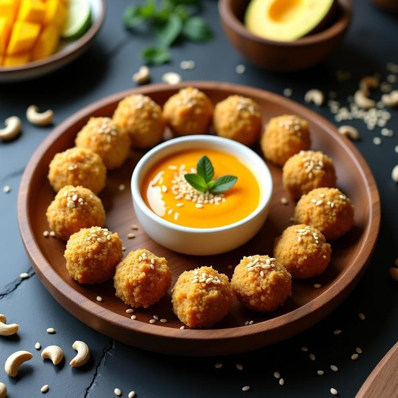 Bolitas doradas de quinoa y queso de anacardo servidas en plato blanco rústico, acompañadas de salsa fresca de mango en trozos con cebolla morada y cilantro, aperitivo peruano sin horno.