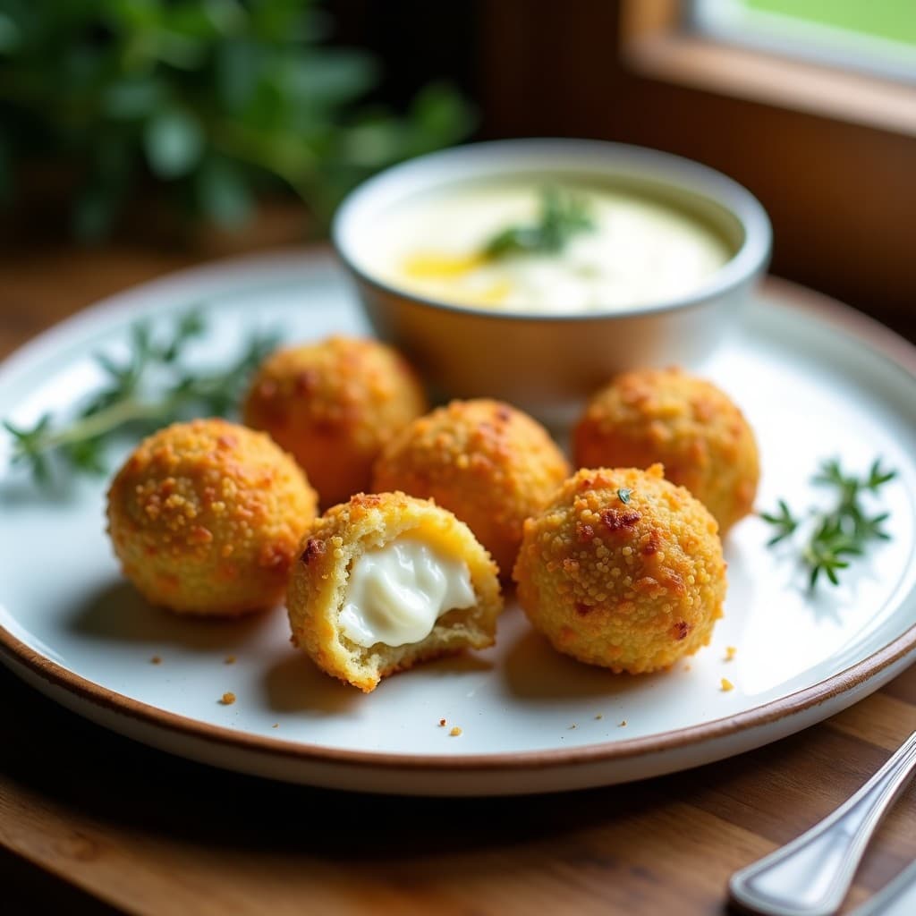 Bolitas doradas de quinoa y queso de cabra con hierbas provenzales servidas en plato blanco rústico, acompañadas de dip de yogur y miel, receta de aperitivo francés en airfryer.