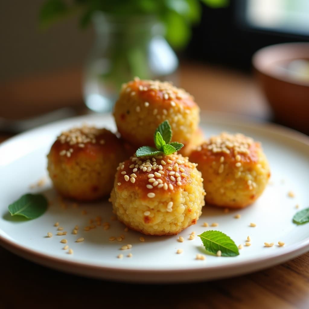 Bolitas doradas de quinoa y queso feta en airfryer, cubiertas de sésamo tostado, con hojas de menta fresca alrededor. Plato griego saludable y crujiente.