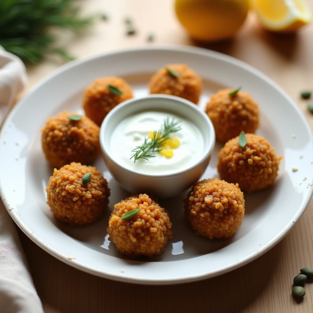 Bolitas de Quinoa y Semillas de Calabaza con Salsa de yogur griego: Aperitivo Sin Gluten y Alta en Proteína