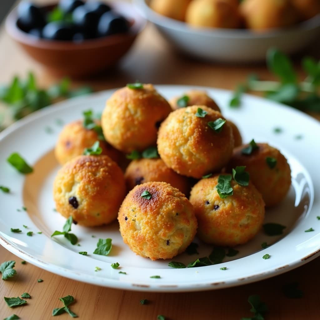 Bolitas doradas de tofu ahumado y aceitunas Kalamata con hierbas provenzales servidas en plato blanco rústico, aperitivo francés vegano crujiente.