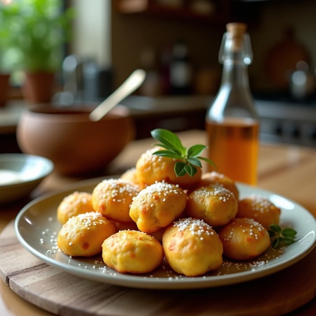 Bolitas doradas y crujientes de zucchini y queso parmesano servidas en un plato blanco rústico, con hierbas frescas y sésamo tostado por encima. Receta de aperitivo italiano sin harina en airfryer.