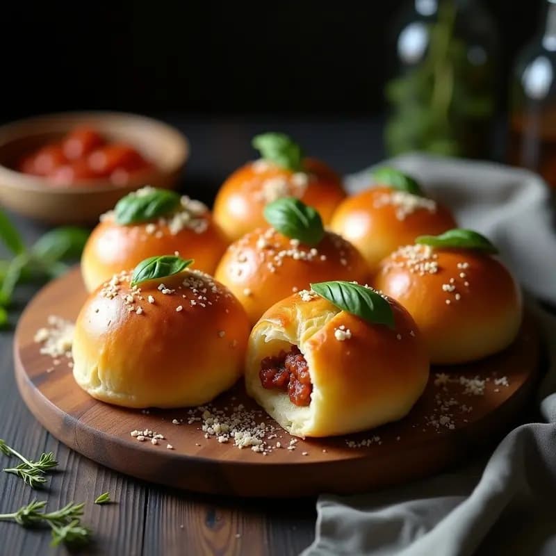Panecillos dorados y esponjosos rellenos de ragú de carne a la boloñesa estilo argentino, servidos en bandeja de madera con hierbas frescas y queso parmesano espolvoreado.