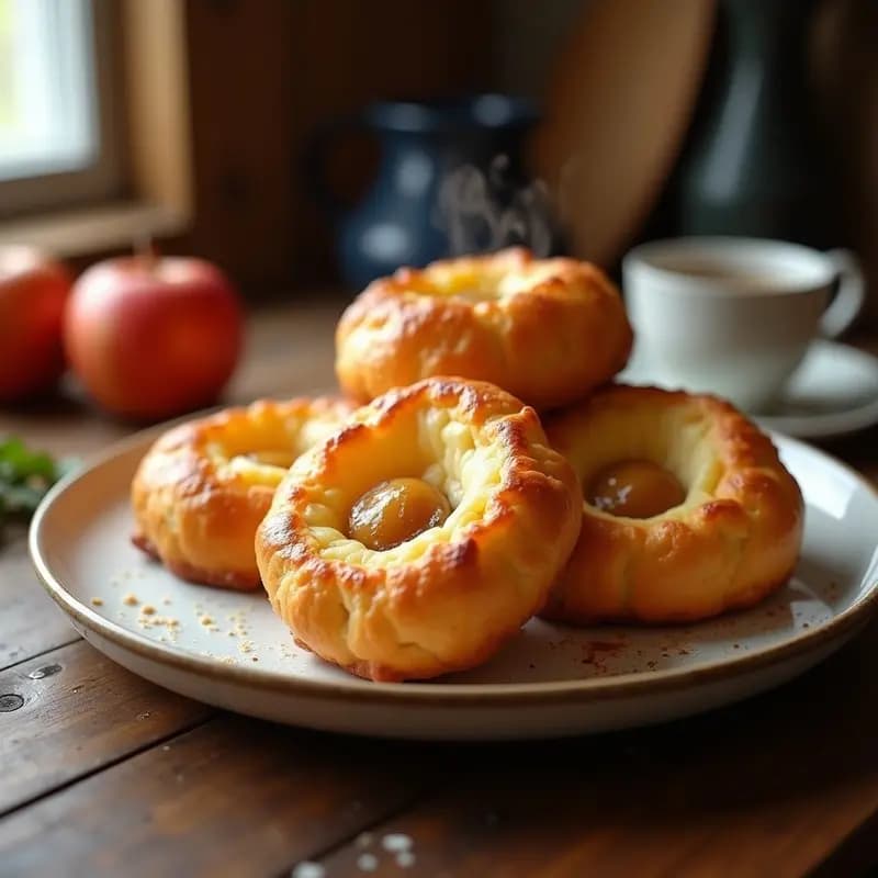 Bollen de queso Gouda y manzana dorados y crujientes en una canasta de airfryer, con textura esponjosa por dentro y trocitos de manzana verde visibles, servidos en un plato rústico de madera.