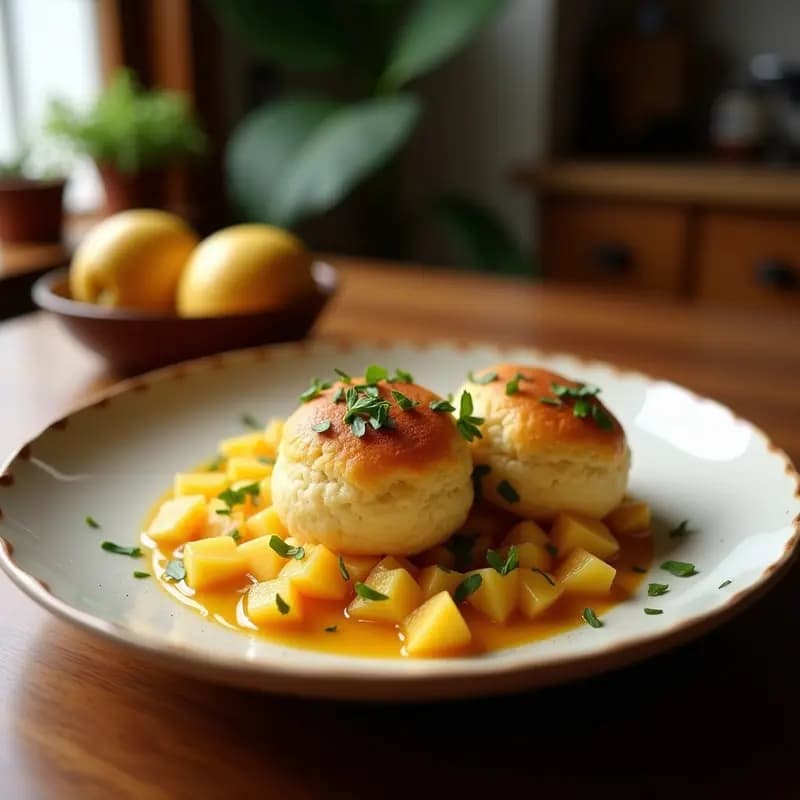 Bollen de queso Gouda y manzana en masa de centeno, aperitivo holandés crujiente, dorados y con semillas de amapola, servidos en una tabla de madera con salsa de miel y mostaza.