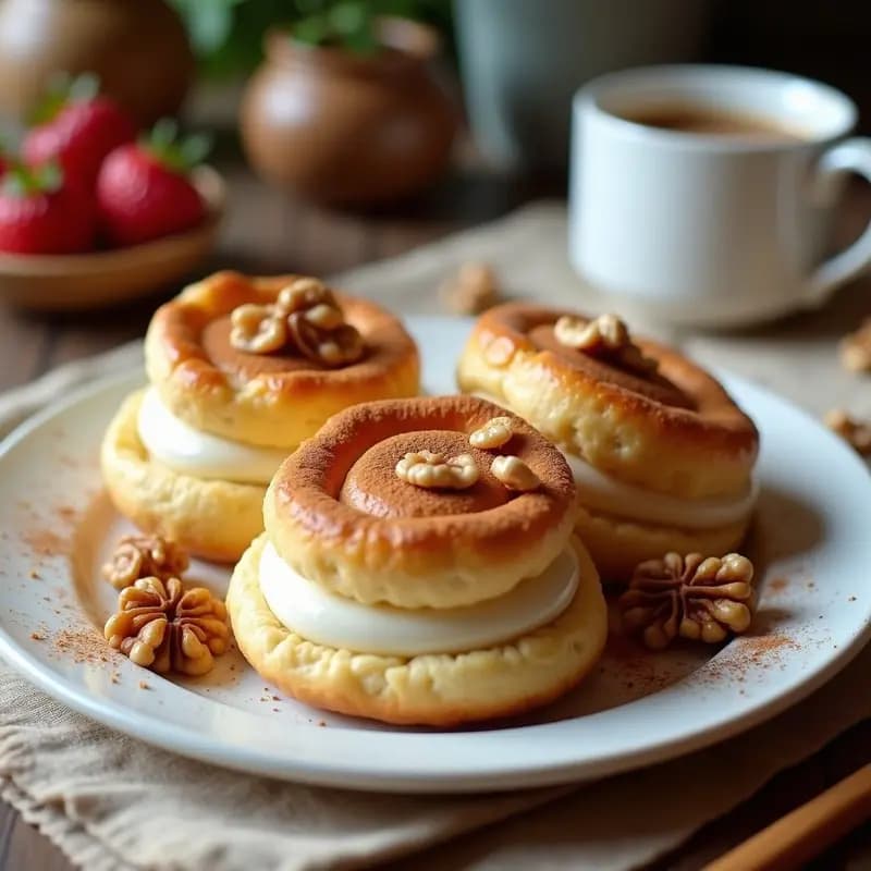 Bollerías danesas de canela y queso crema sin horno, cortadas en porciones y apiladas en un plato blanco con espolvoreado de canela y nueces picadas, sobre un mantel rústico de lino.