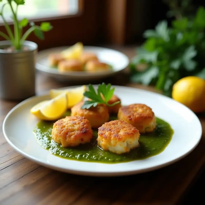 Plato blanco con bollitos de bacalao dorados y crujientes bañados en salsa verde espesa, decorados con perejil fresco y acompañados de rodajas de limón, receta de tapa vasca tradicional.