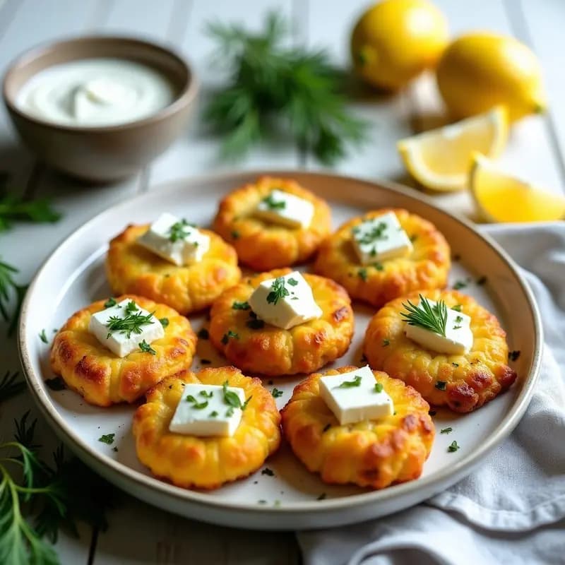 Bollitos dorados de maíz rellenos de queso feta y hierbas griegas, servidos en una fuente de cerámica blanca con hierbas frescas y rodajas de limón alrededor. Receta griega en airfryer y sin gluten.