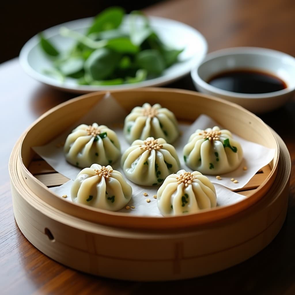 Bollitos de mijo y espinacas al vapor sobre una vaporera de bambú, con semillas de sésamo tostadas por encima. Plato blanco de fondo con cebolla verde picada y salsa de soja al lado. Receta china sin gluten y alta en fibra.