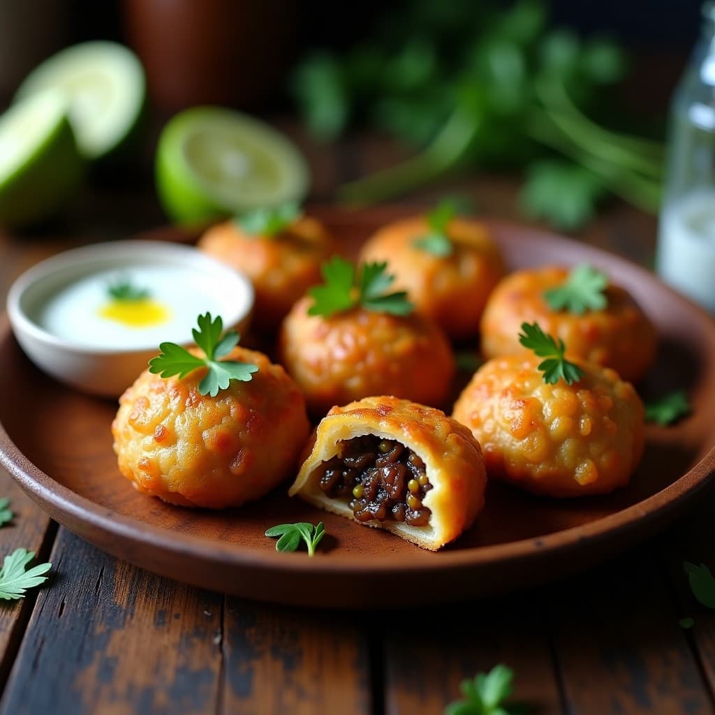 Bollitos dorados y crujientes de ñame morado rellenos de picadillo de berenjena, servidos en un plato de madera con hojas de cilantro fresco y una salsa de yogur vegano al lado. Receta vegana caribeña en airfryer.