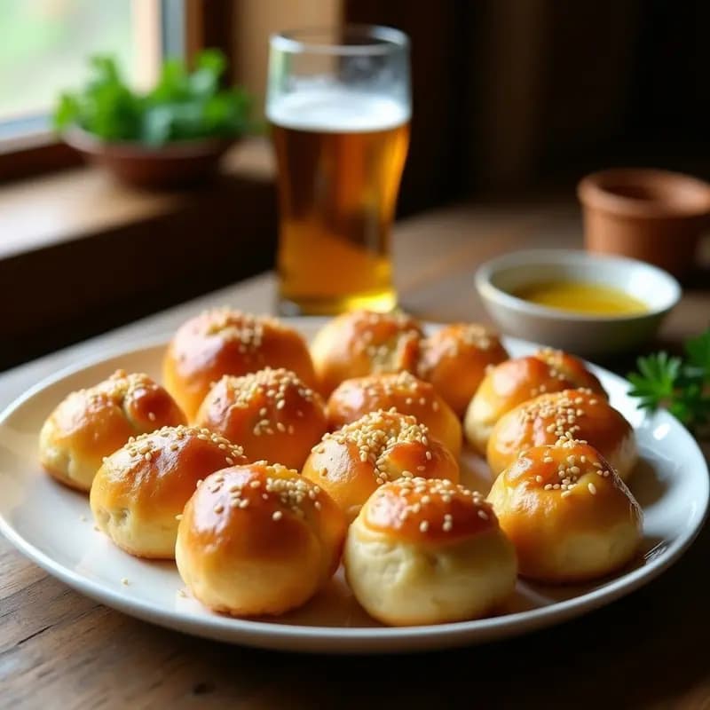 Bandeja de bollitos de pringá con huevo duro horneados, dorados y crujientes, con semillas de sésamo en la superficie, receta sevillana para tapas.