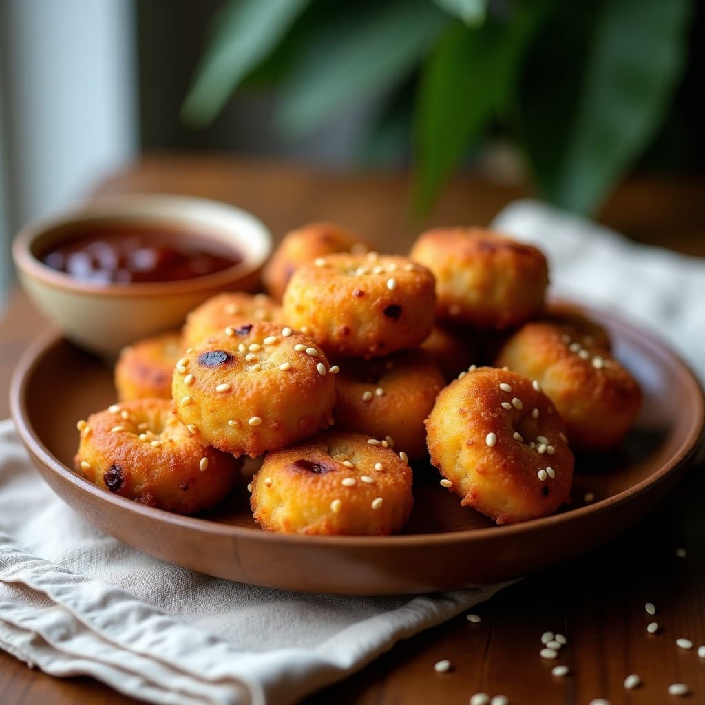 Bollitos dorados de yuca y bacon vegano servidos en un plato de madera rústico, acompañados de un bol pequeño con salsa barbacoa espesa. Los bollitos tienen un acabado crujiente con semillas de sésamo visibles y se aprecian trocitos de bacon vegano en su interior. Receta de aperitivo brasileño en airfryer.
